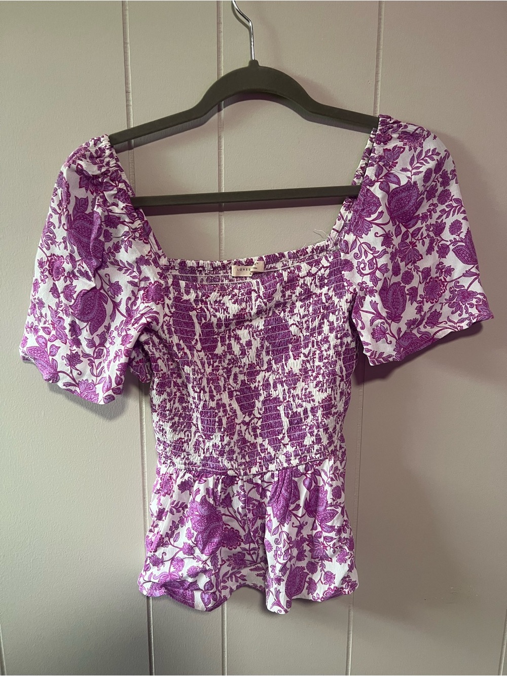 lovestitch White Top with Purple Floral Smocking